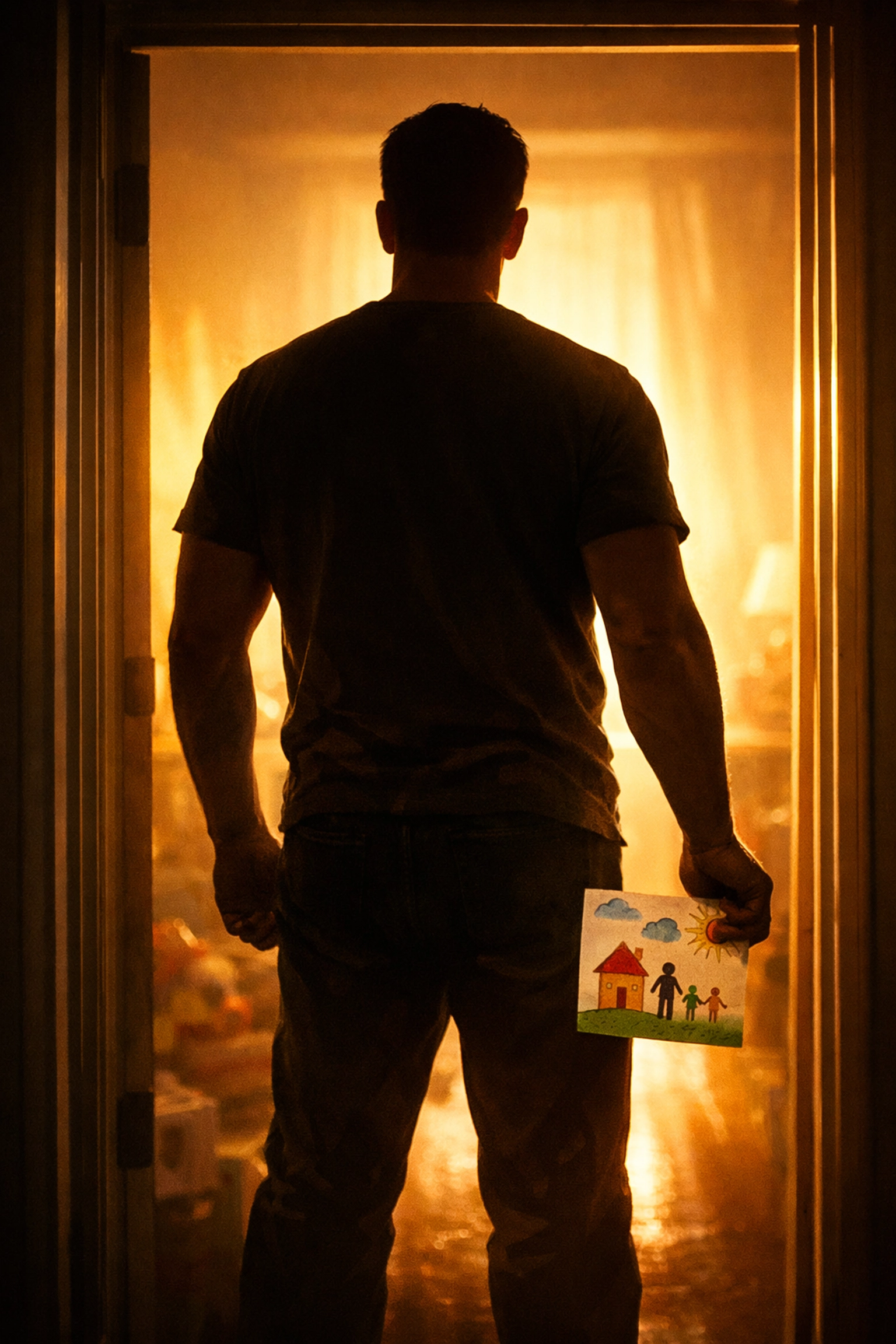 Silhouette of a father holding a child's drawing in a doorway, representing leadership and legacy.