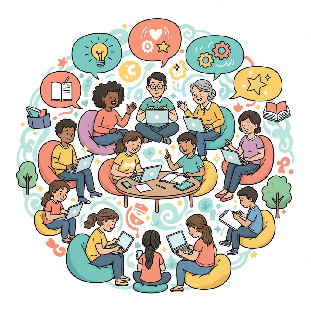 Cartoon of diverse group learning with laptops, tablets, and books. Speech bubbles with ideas and stars. Colorful, collaborative mood.