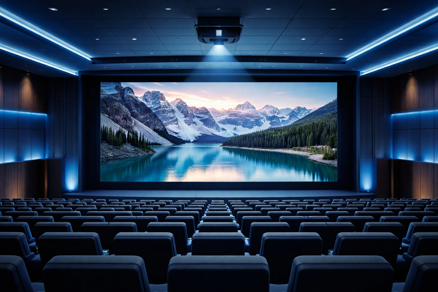 Modern auditorium with ceiling-mounted laser projector displaying image on large venue screen