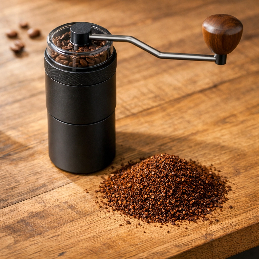 Professional manual burr grinder on a wooden counter with perfectly uniform coffee grounds for home brewing.