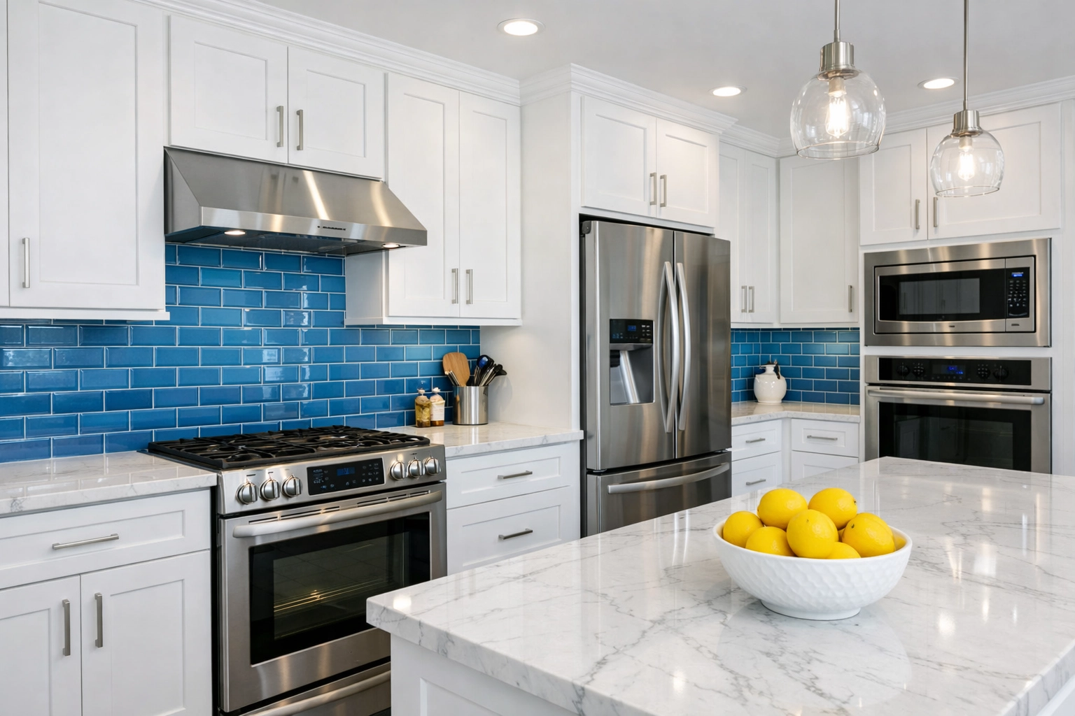Spotless Fitchburg condo kitchen with white marble countertops and sanitized surfaces.