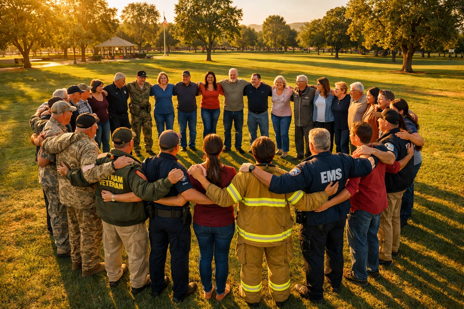 A diverse community circle representing Outer Circle Foundation support for veterans and heroes.
