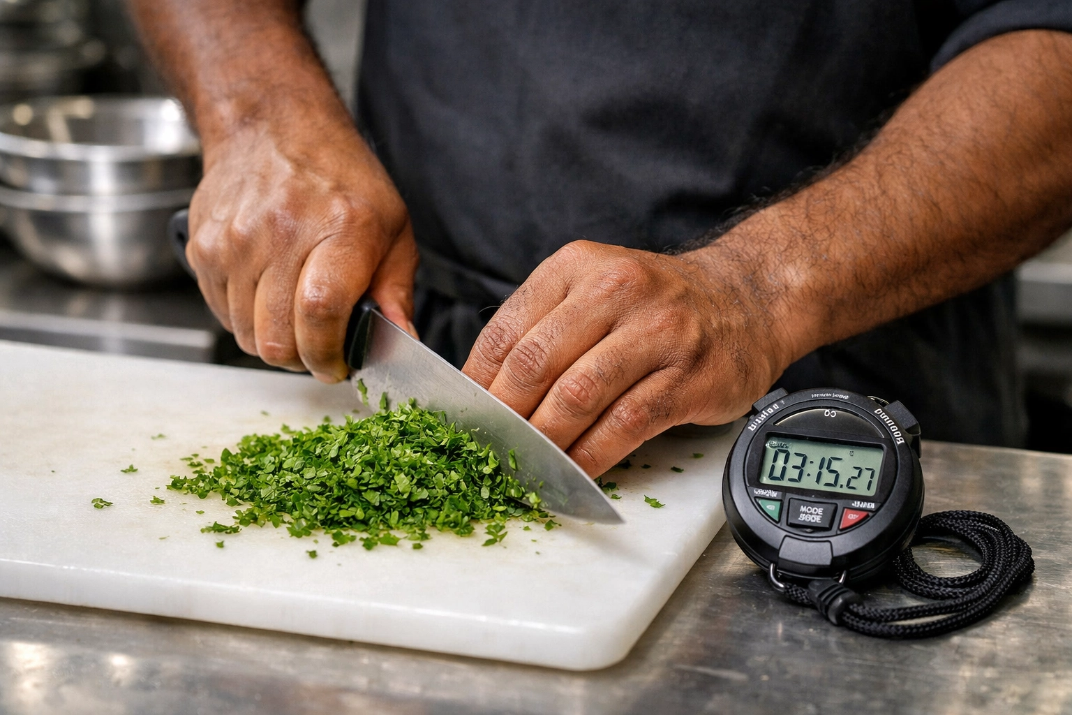 Close-up of a prep cook timing herb preparation to optimize restaurant labor costs and kitchen efficiency.