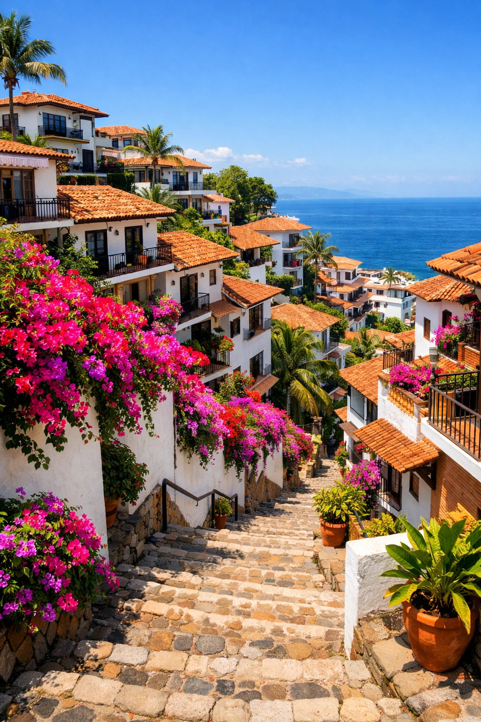 Hillside Zona Romantica Puerto Vallarta rentals with colorful condos and cobblestone steps