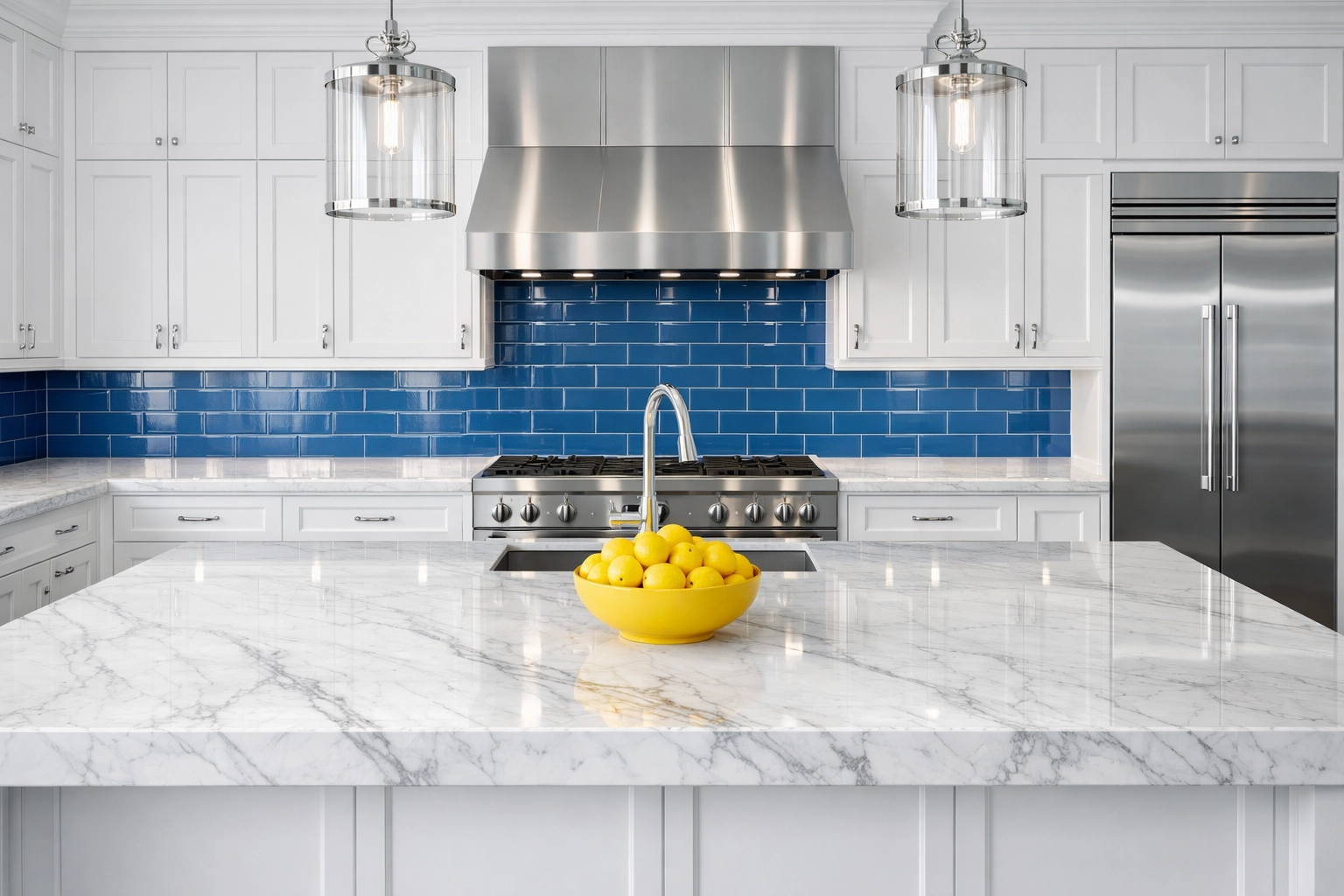 Immaculate gourmet kitchen with streak-free marble surfaces from residential cleaning Massachusetts.