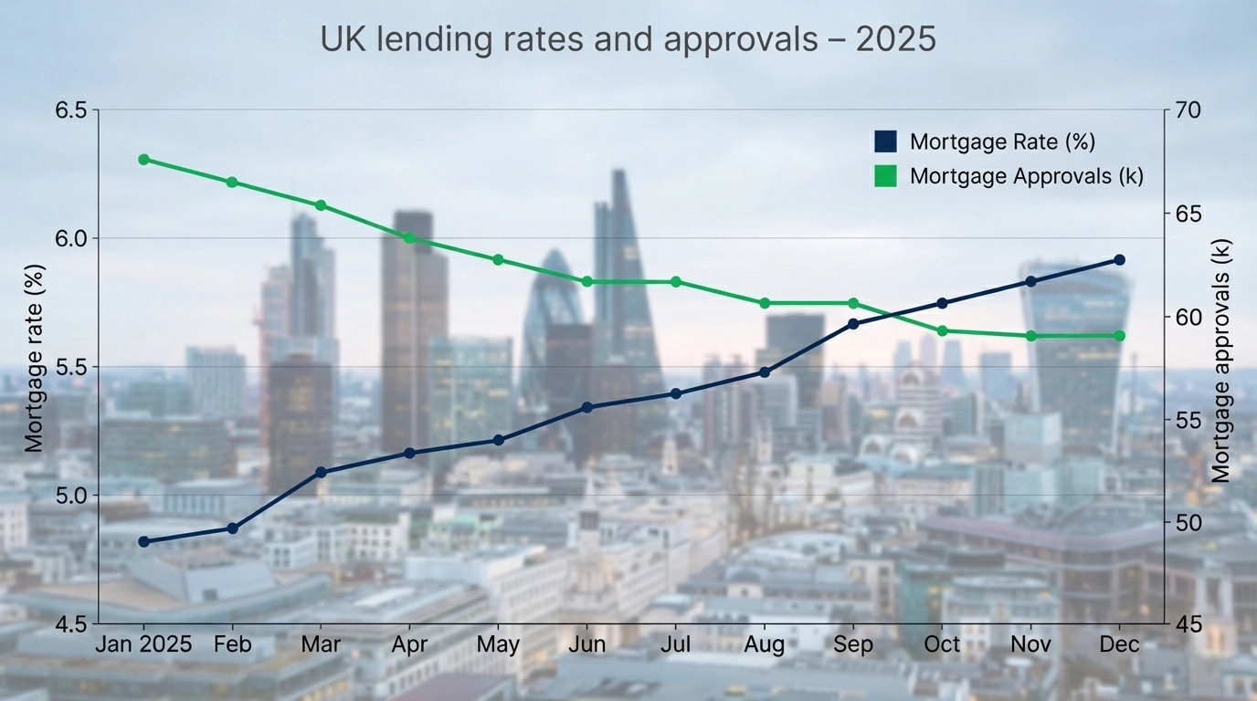 Graph of UK mortgage rates (blue) rising and approvals (green) falling in 2025. Background shows a blurred cityscape.
