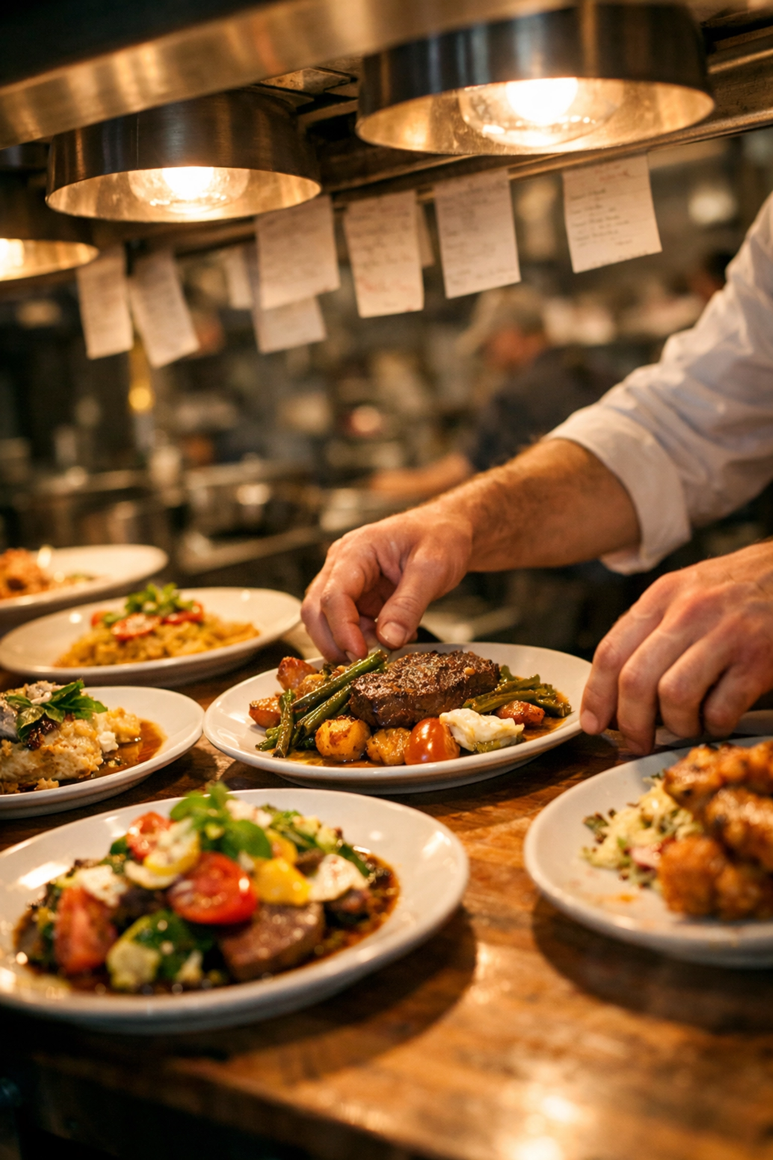 Chef plating multiple menu items during service to manage restaurant food costs
