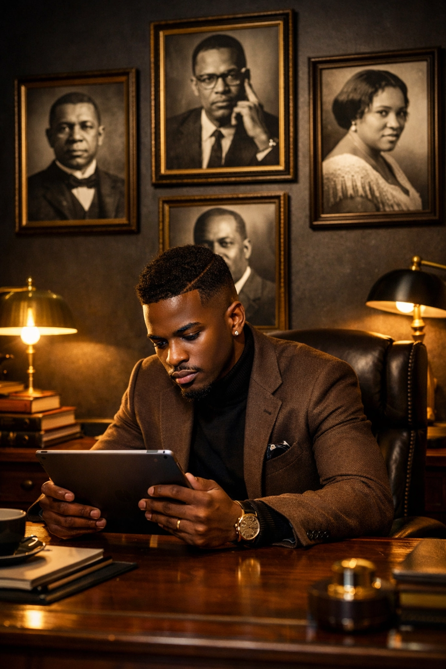A modern Black entrepreneur studying historical business leaders to plan his next #BuyBlack move.