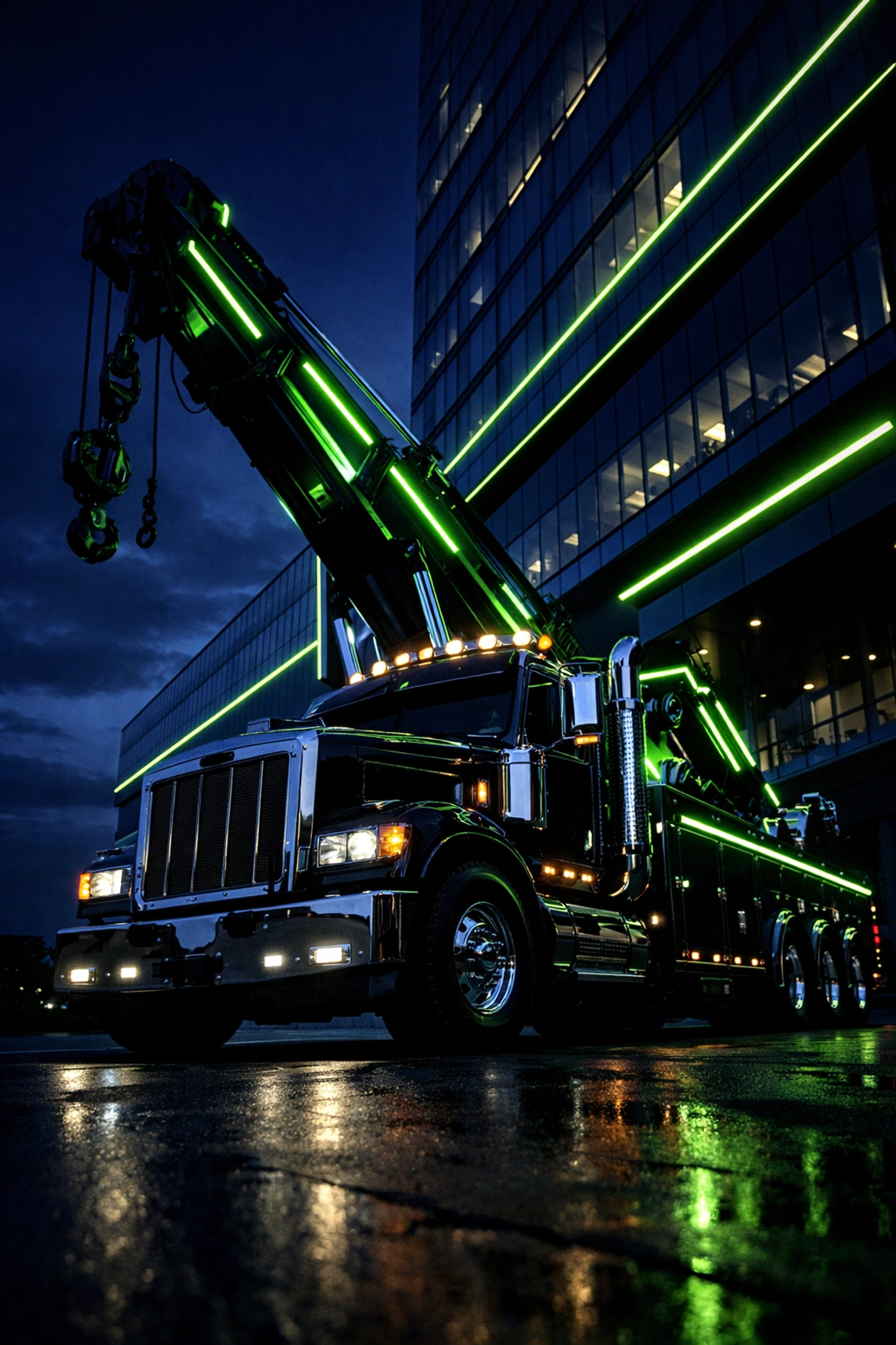 A professional heavy-duty wrecker truck parked at a modern facility, representing expert Mid-Missouri towing services.