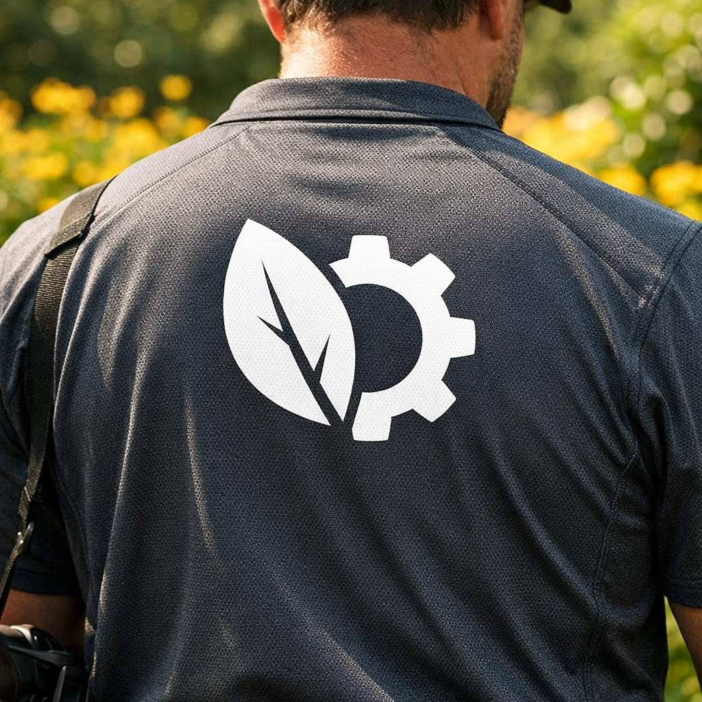 Moisture-wicking performance shirt with custom screen printing for outdoor landscaping work.