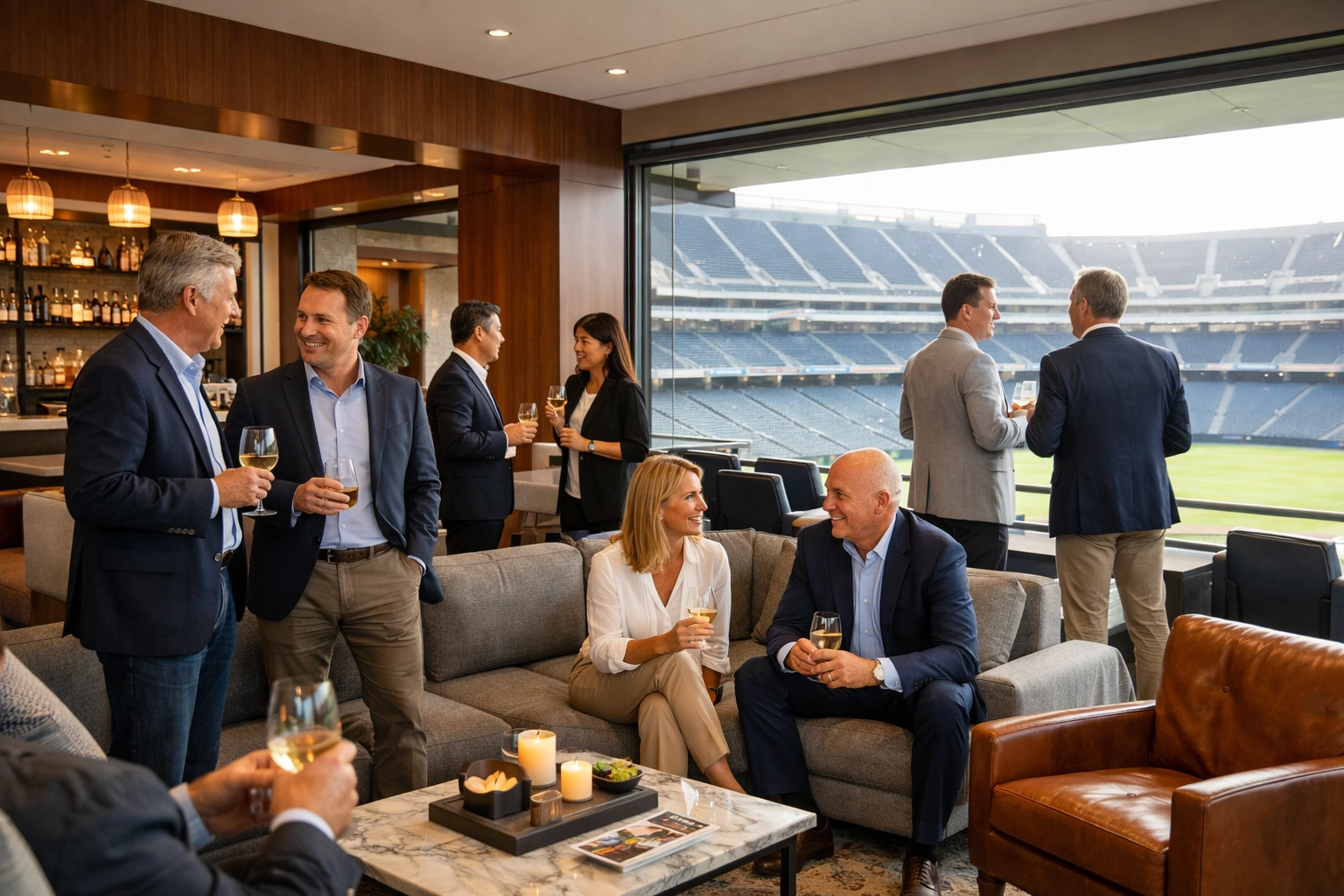 NEWSLETTER: 7 Mistakes You're Making with Super Bowl Executive Networking (And How to Fix Them Before Game Day) Pre-game executive networking in upscale stadium lounge with empty field view