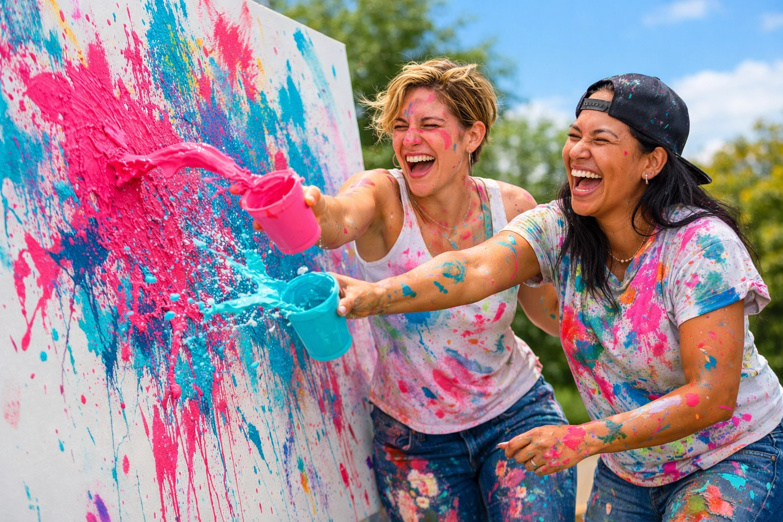 A lesbian couple painting outdoors, illustrating LGBTQ+ resilience and the joy of thriving together.