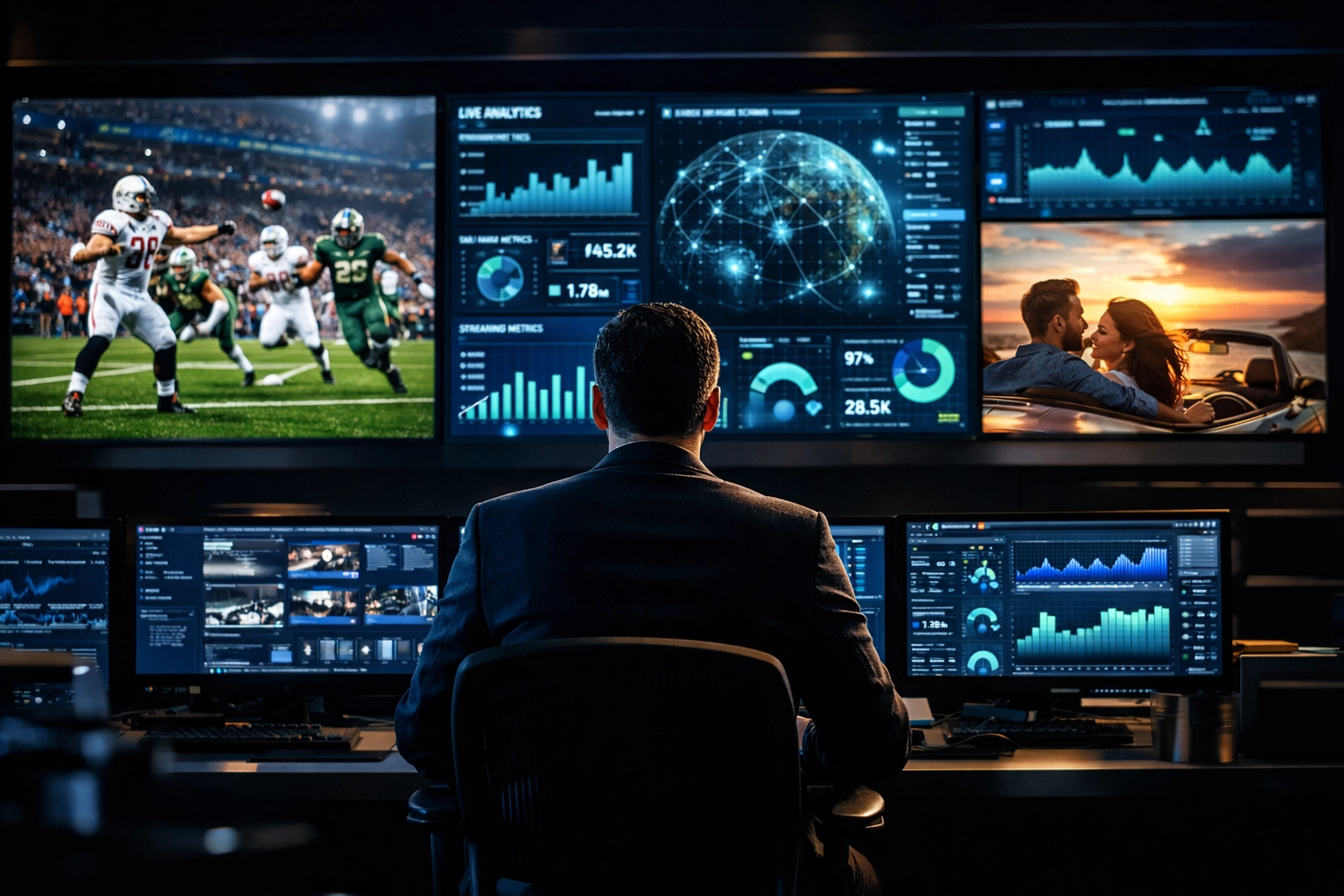 A professional media command center displaying Dakdan Worldwide's integrated advertising and sports media solutions.