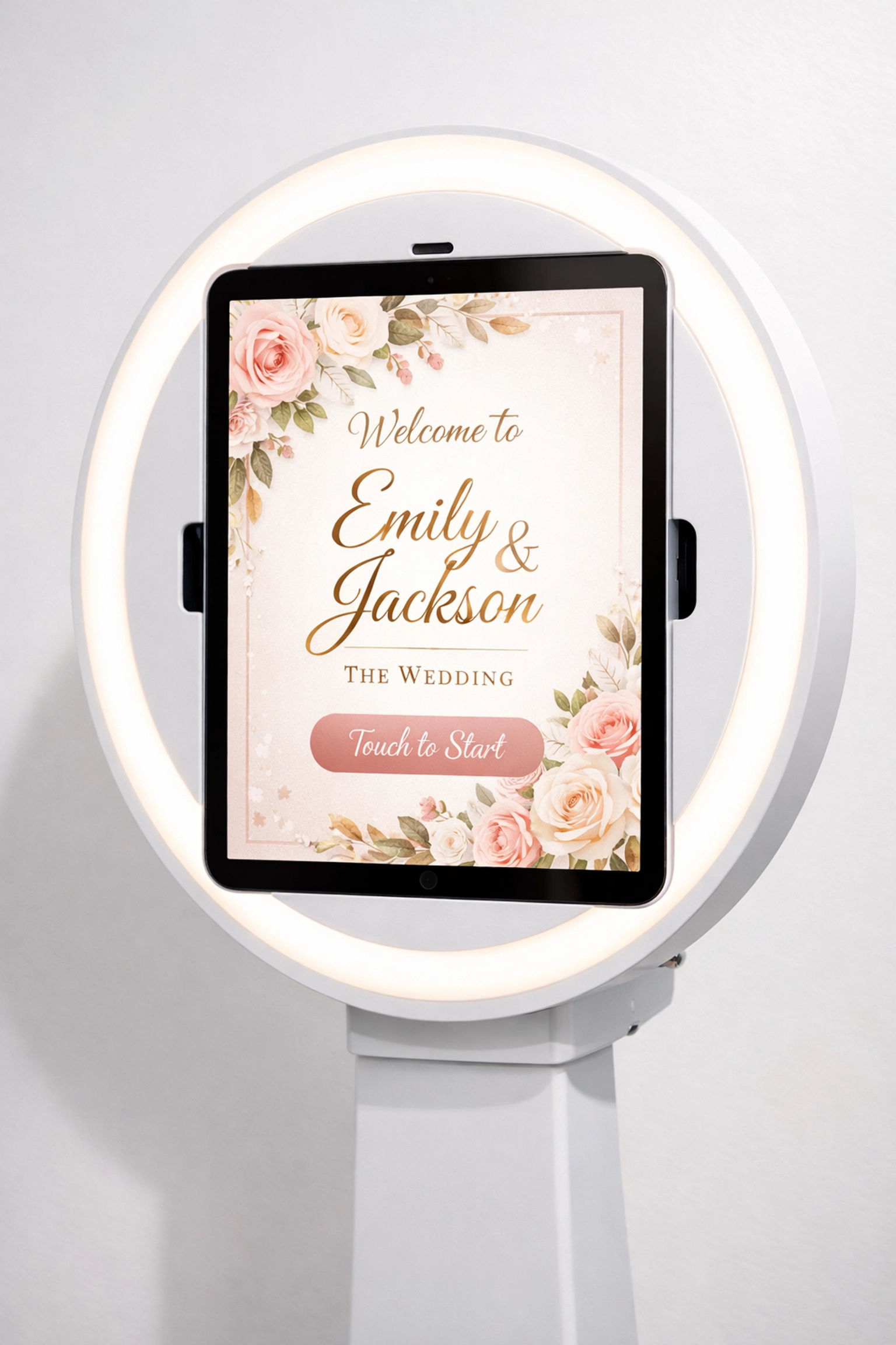 Custom wedding welcome screen on iPad photo booth with personalized names and elegant design