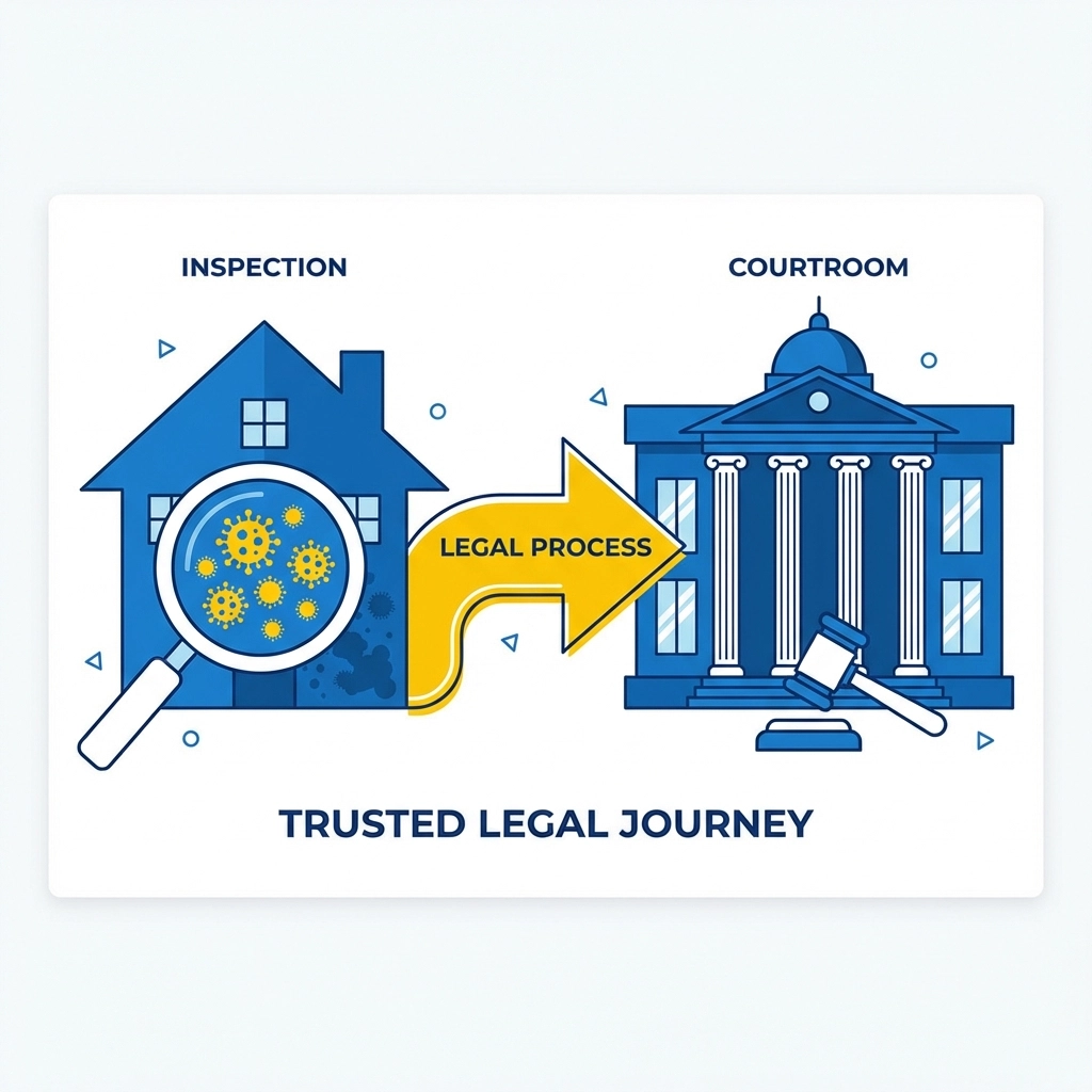 Illustration showing the process from mold inspection in a house to presenting evidence in court.