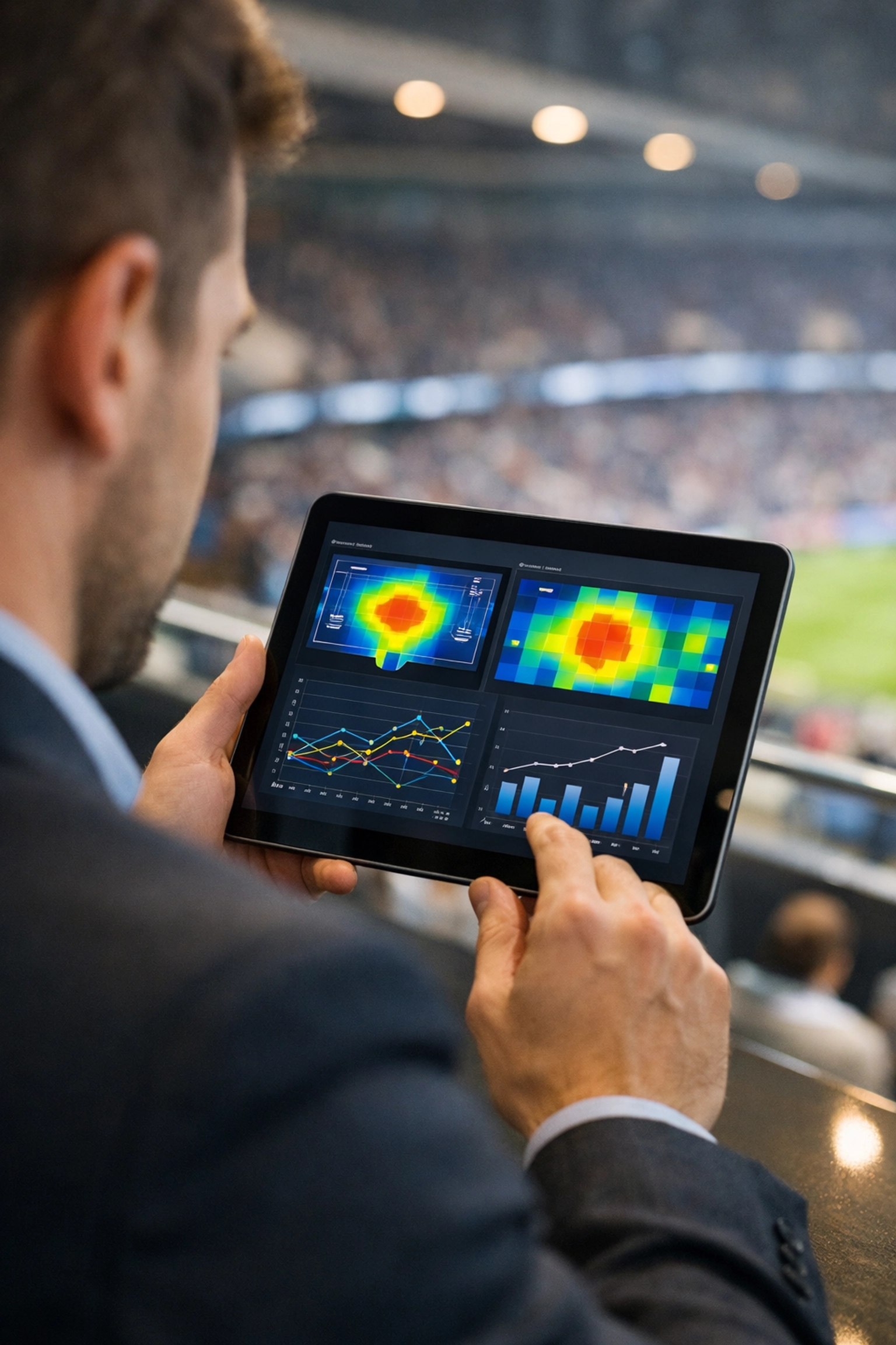 Marketing strategist analyzing venue engagement data on a digital dashboard to optimize the consumer journey.