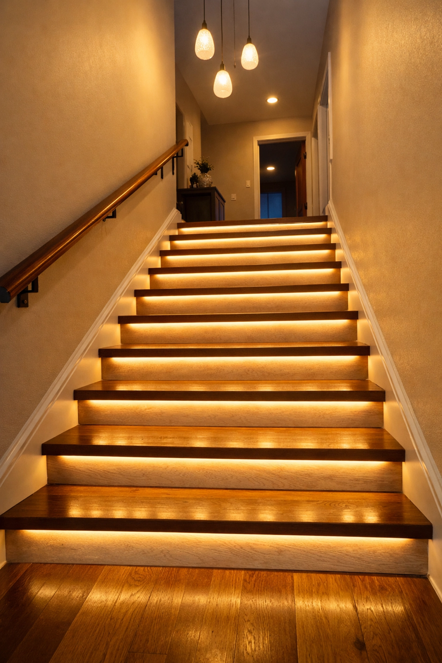 Well-lit staircase with LED strip lighting illuminating each step edge