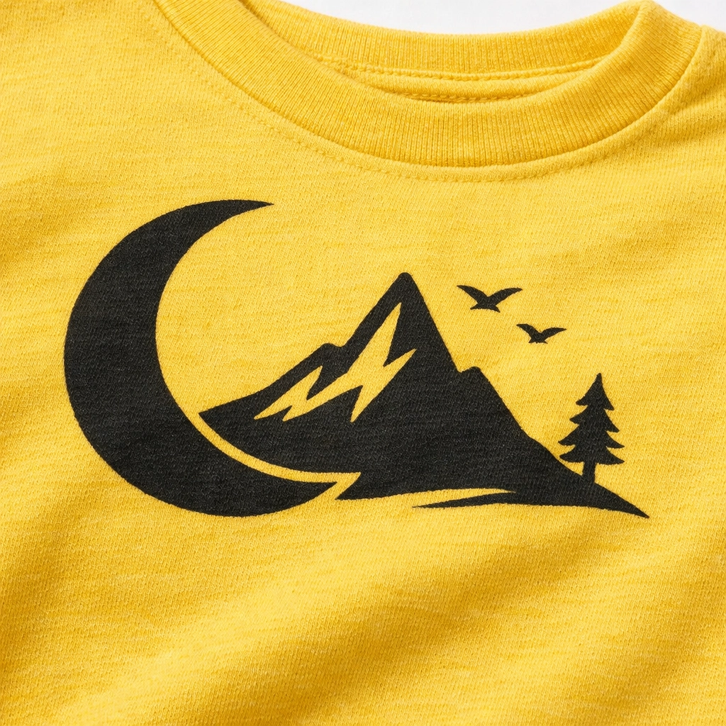 Detail of soft-hand custom t shirt printing on a breathable yellow summer camp shirt.