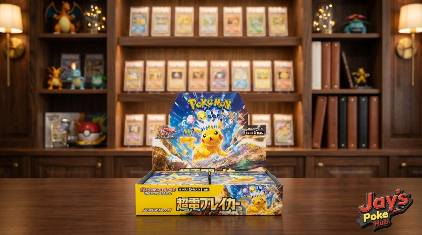 Japanese Super Electric Breaker booster box in a high-end display setting with Jays Poke Hub logo overlay