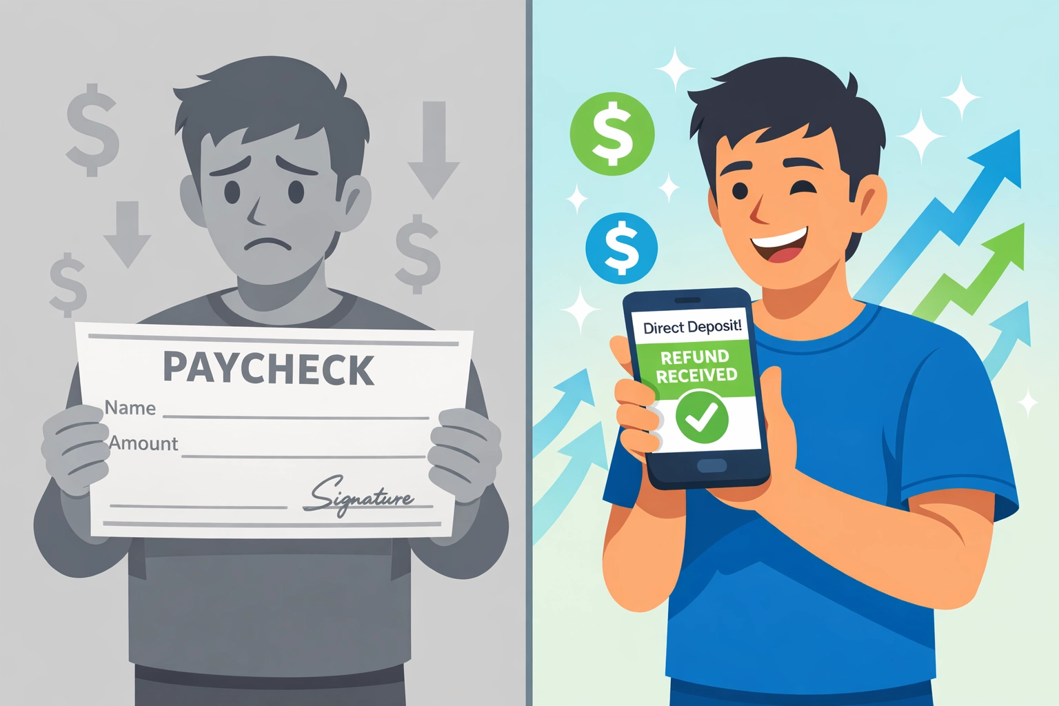 Comparison of paper check versus direct deposit for faster tax refund processing
