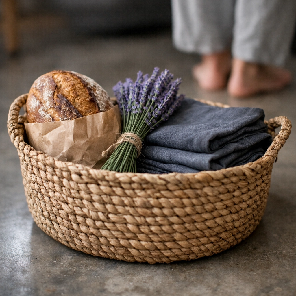 Basket of groceries and folded laundry representing practical help and postpartum support services.