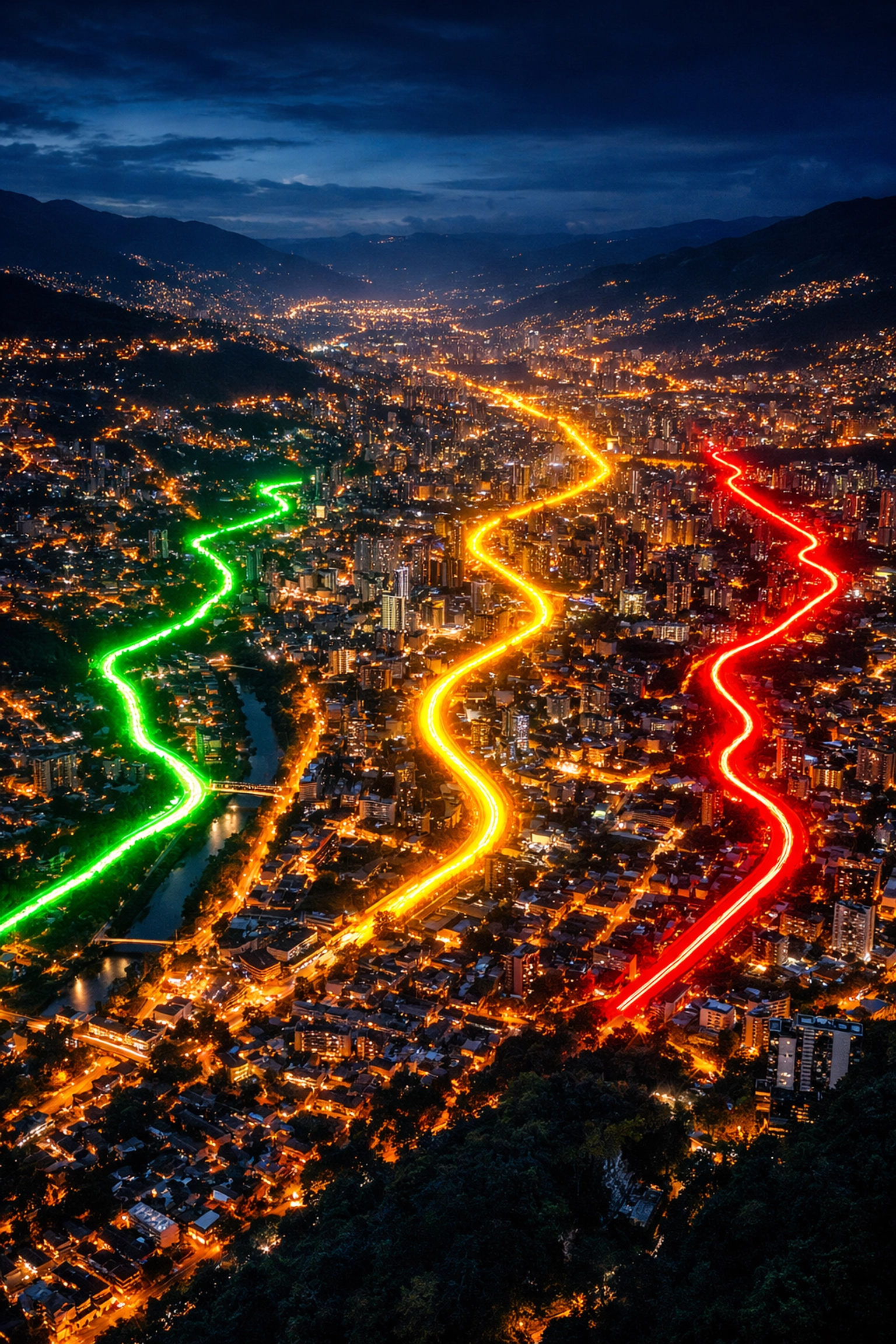 Aerial view of Medellin showing multiple GPS-tracked security routes for safe navigation