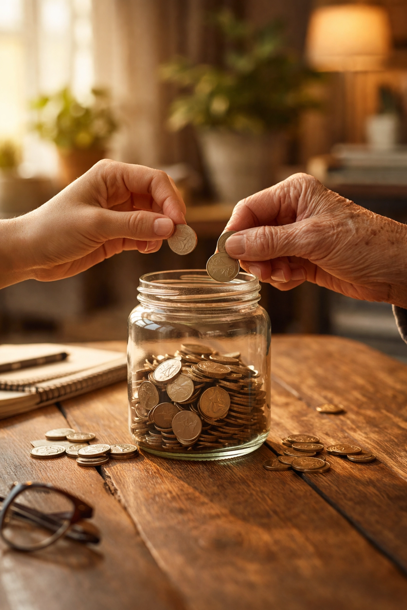 Younger and older hands adding coins to a savings jar, illustrating teamwork in late retirement planning
