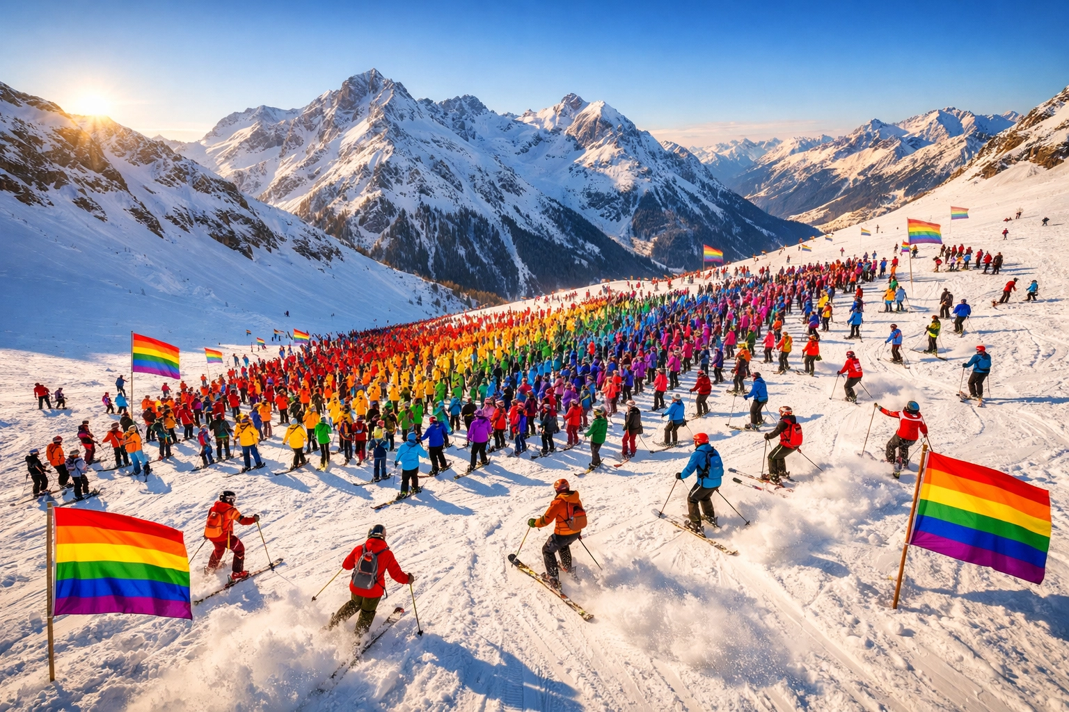 Arosa Gay Ski Week aerial view showing hundreds of LGBTQ+ skiers on Swiss Alps slopes