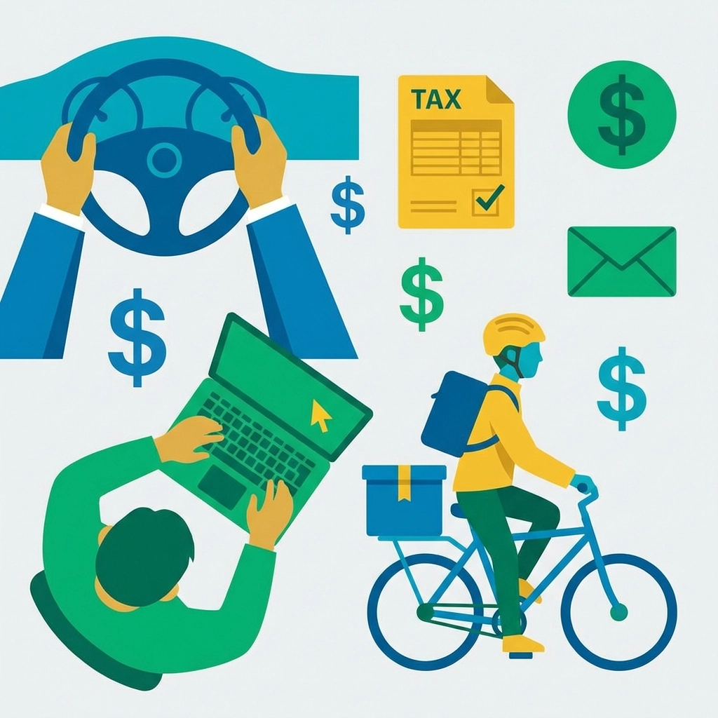 Diverse gig workers including a rideshare driver, freelancer, and delivery cyclist representing gig economy tax requirements.