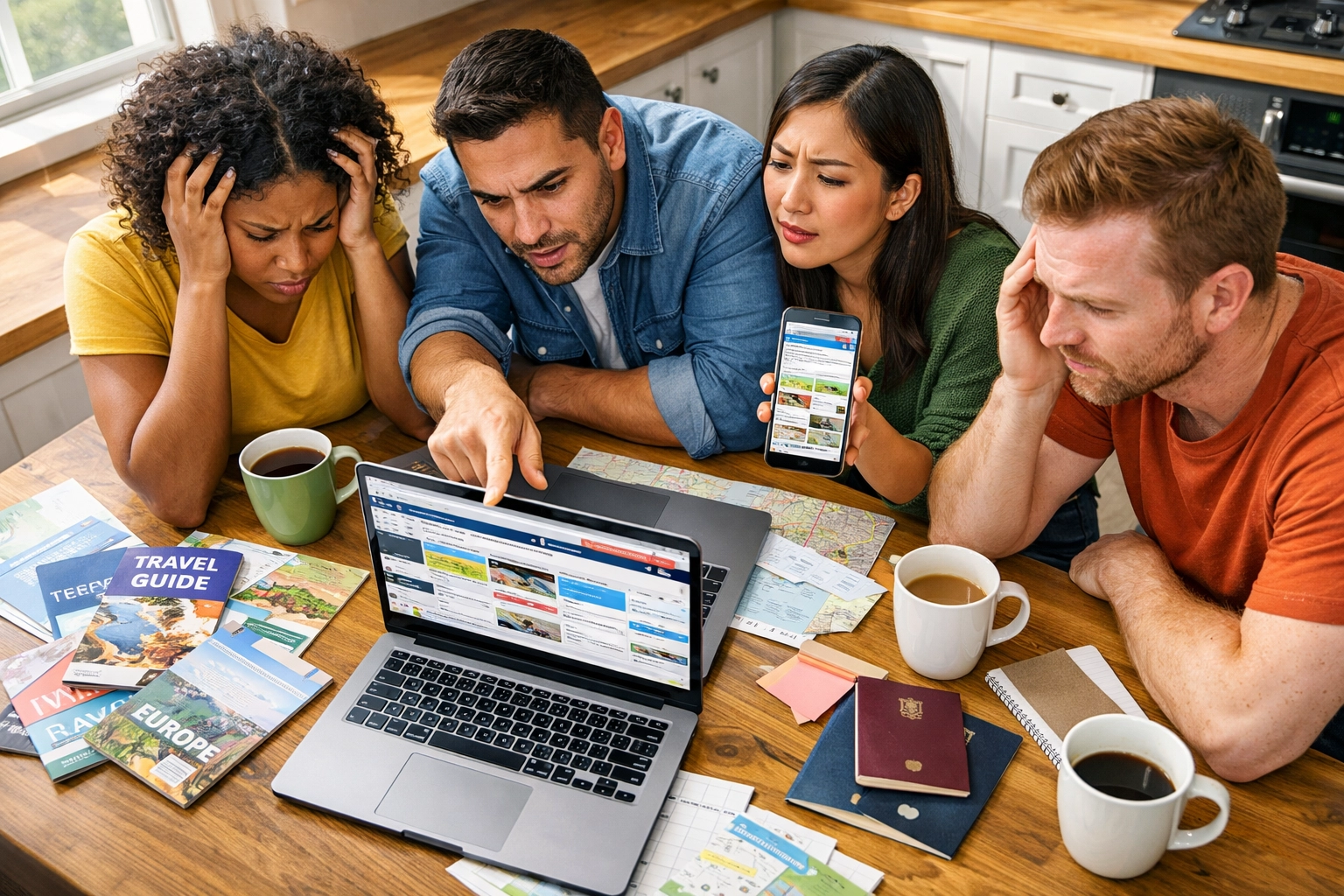 Friends stressed while planning group trip on laptop surrounded by travel brochures