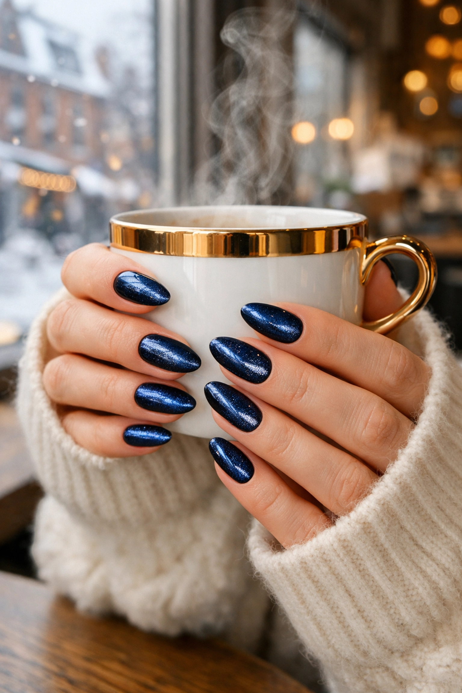 Magnetic cat-eye nails in midnight blue worn during everyday Boston winter activities