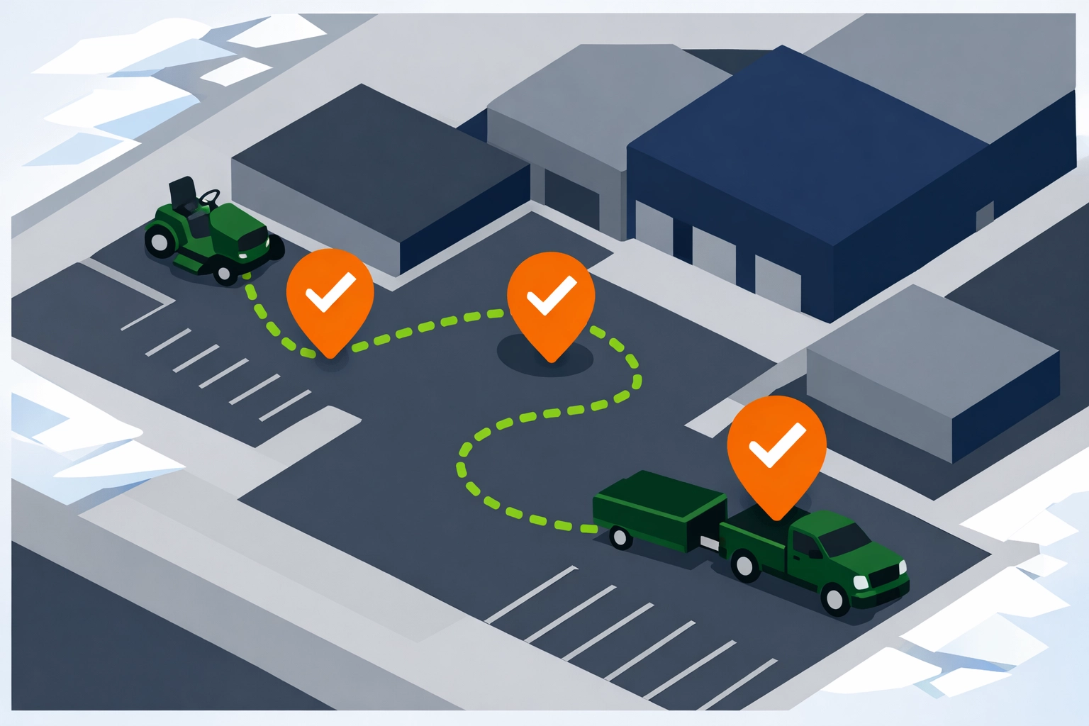 Commercial landscaping service route with GPS verification markers on property management site