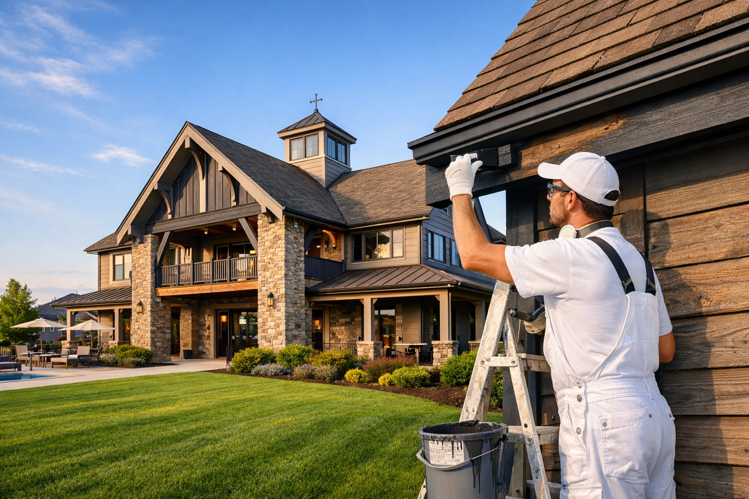 Professional exterior painting of a community clubhouse trim to enhance HOA curb appeal in Middle Tennessee.