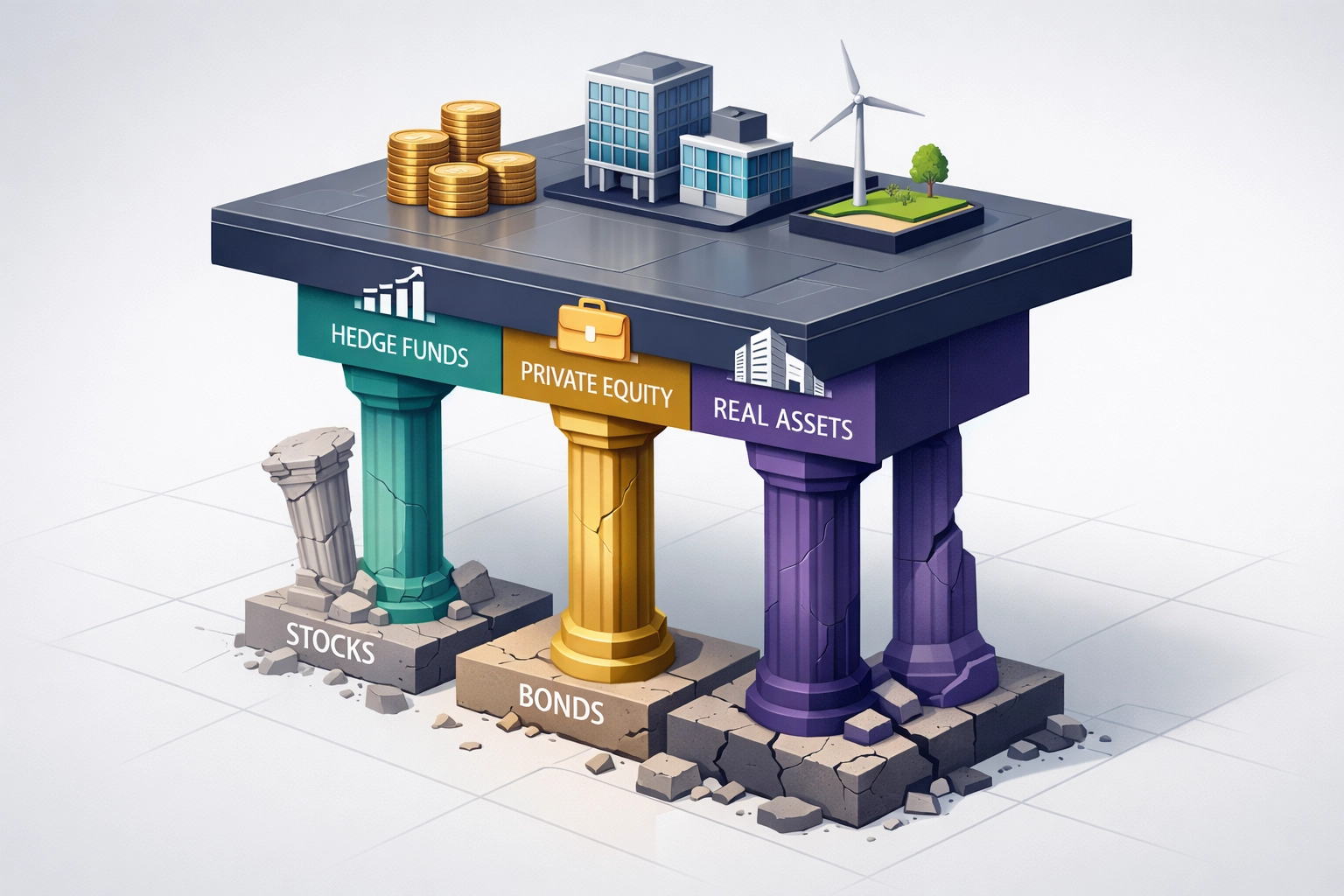 Investment portfolio architecture with alternative assets supporting traditional stocks and bonds foundation