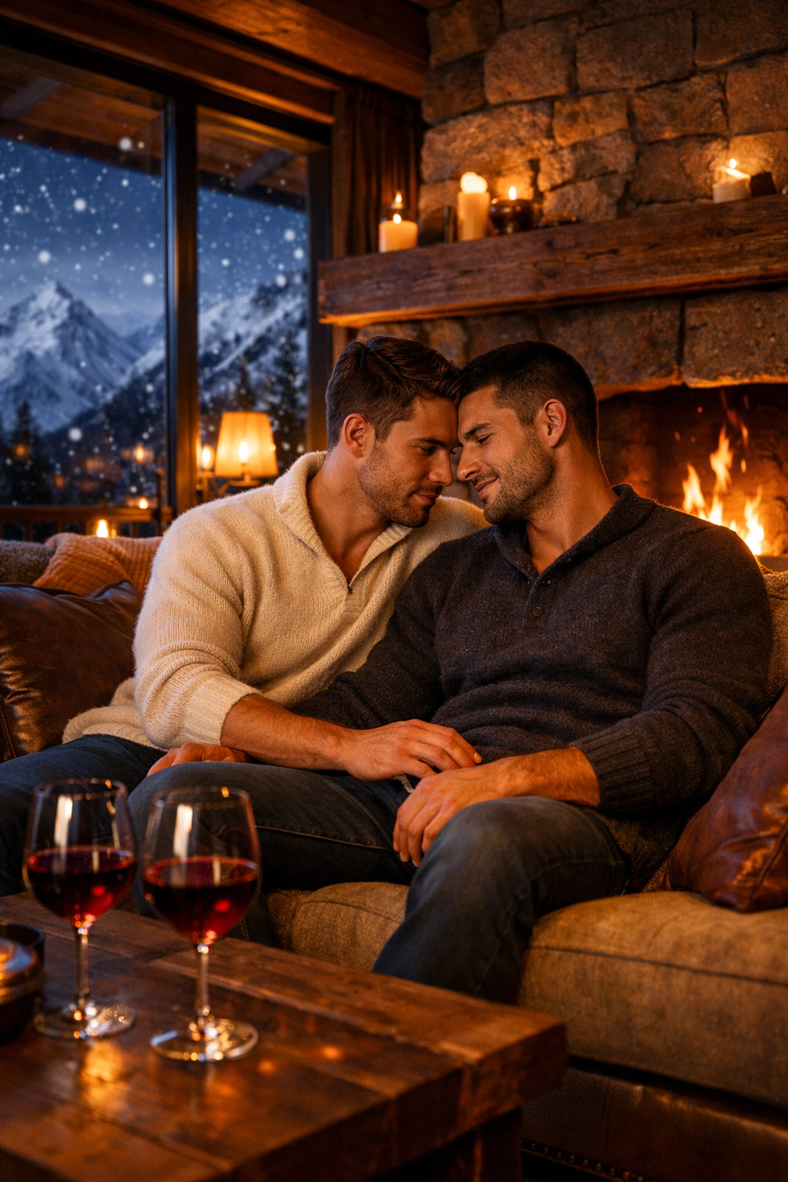 Couple relaxing by fireplace in luxury Swiss chalet - MM romance ski resort scene
