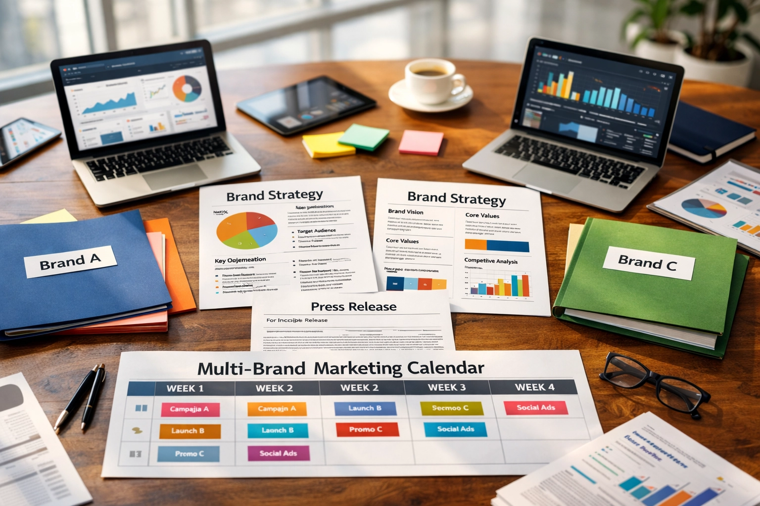 Multi-brand press release strategy documents and marketing calendars organized on corporate workspace table