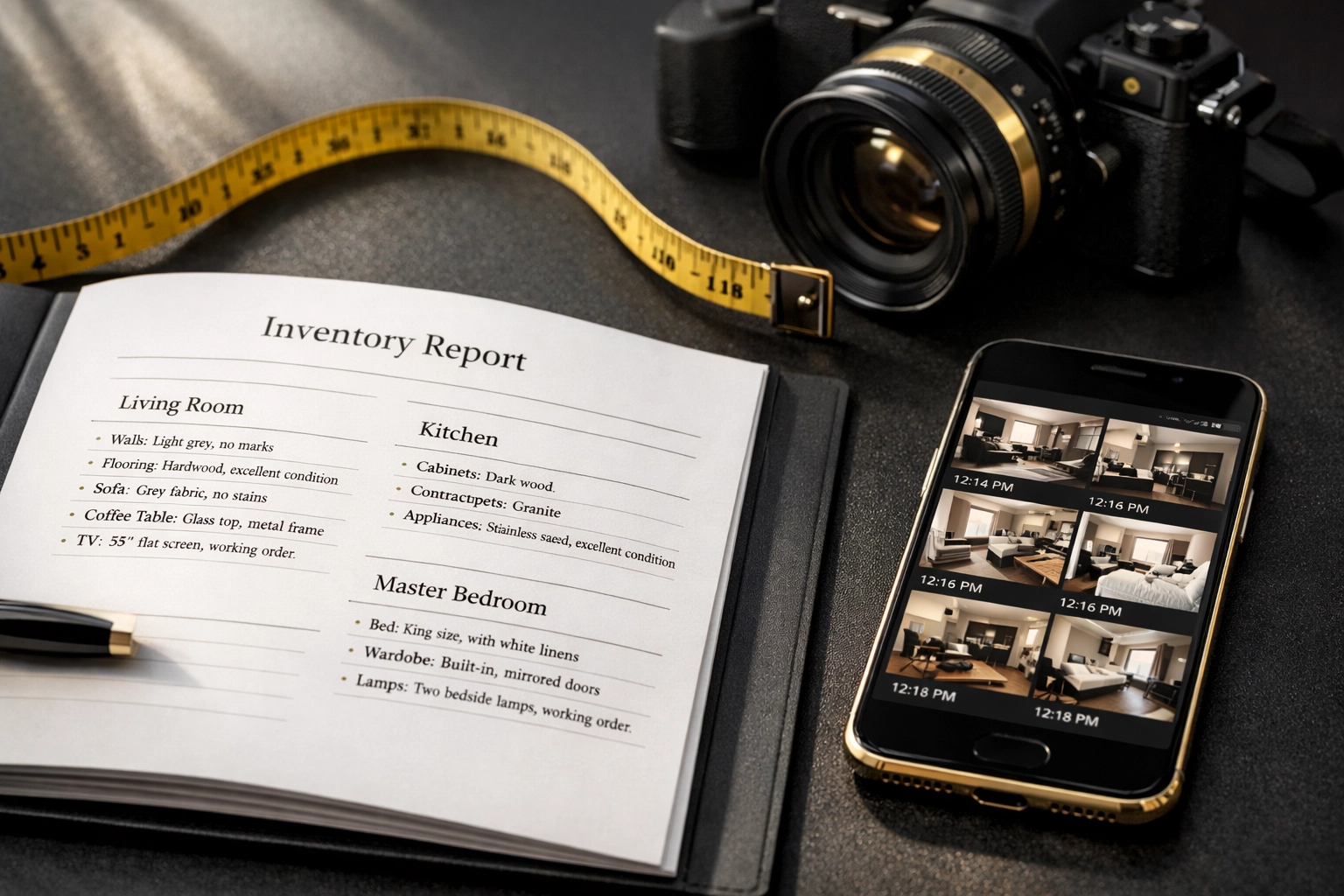 Professional property inventory report with photographs and measuring tools for documentation