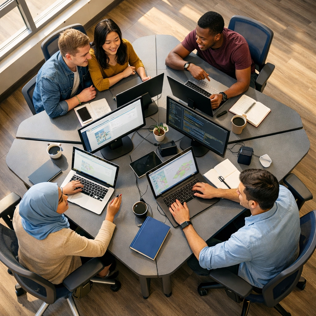 Students collaborating in pod configuration workspace with multiple workstations and computers