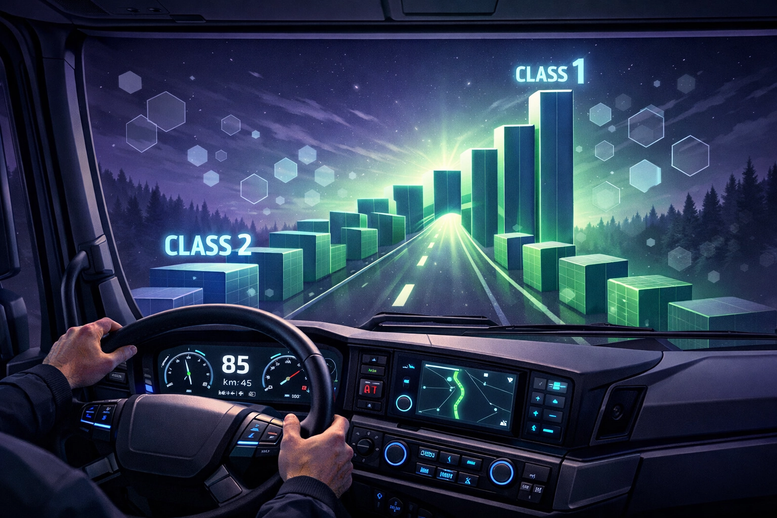 HGV cabin view representing career progression in Class 1 and Class 2 driver jobs.