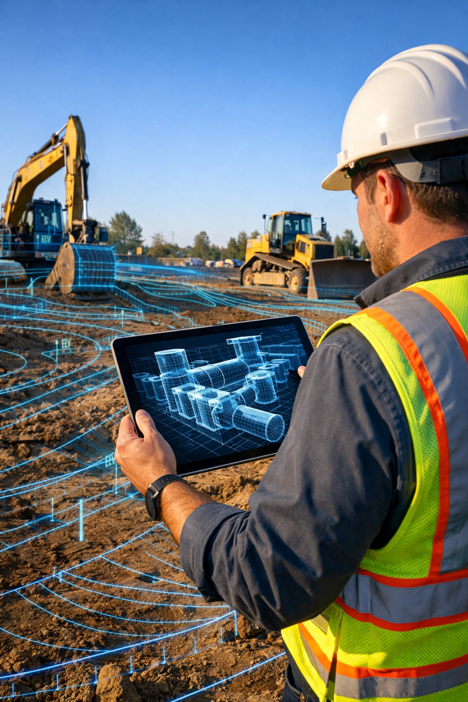 Civil engineer reviewing technical site grading and drainage plans on an Ontario construction site.