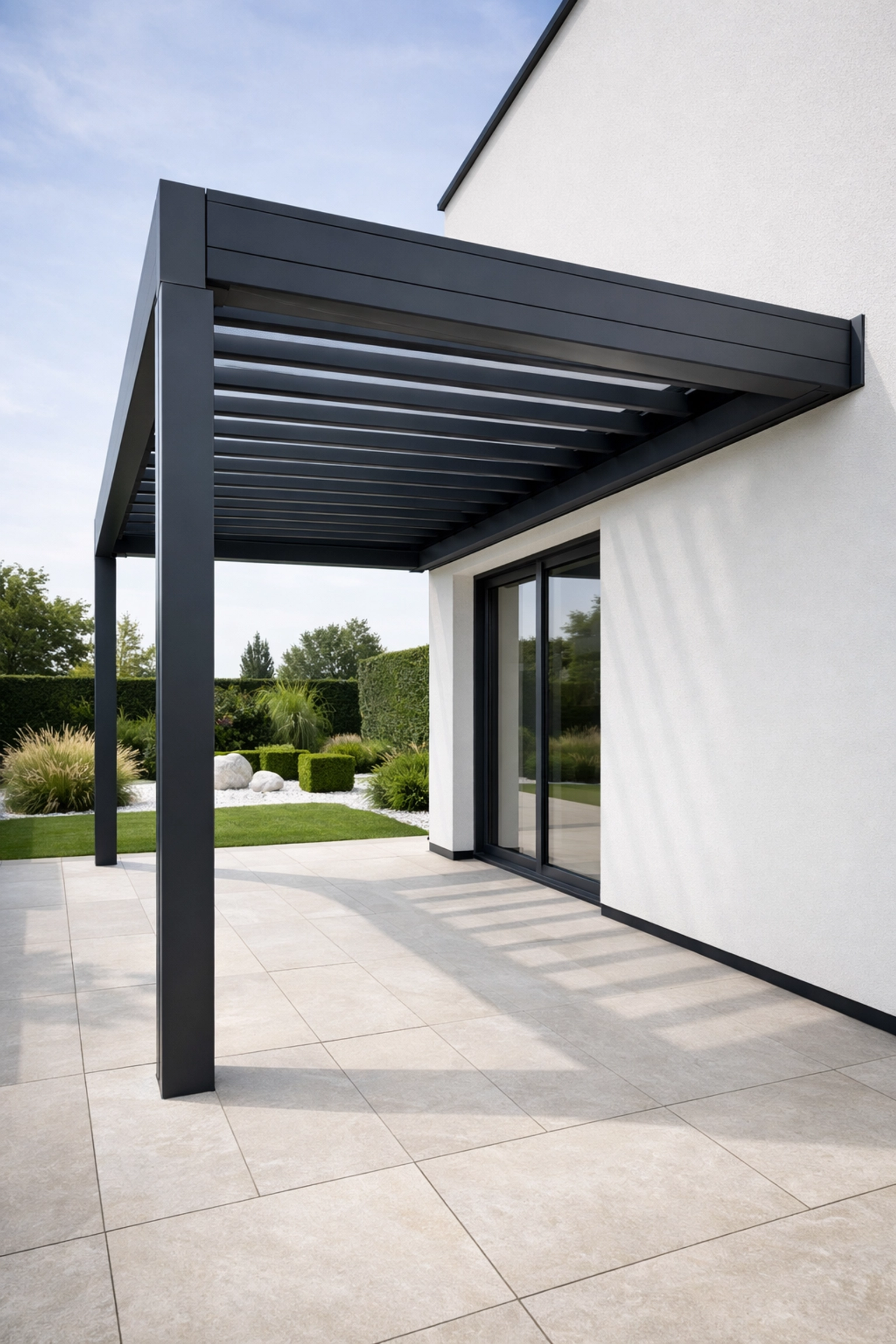 Moderne Terrassenüberdachung aus Aluminium in Anthrazit an einer weißen Hauswand.