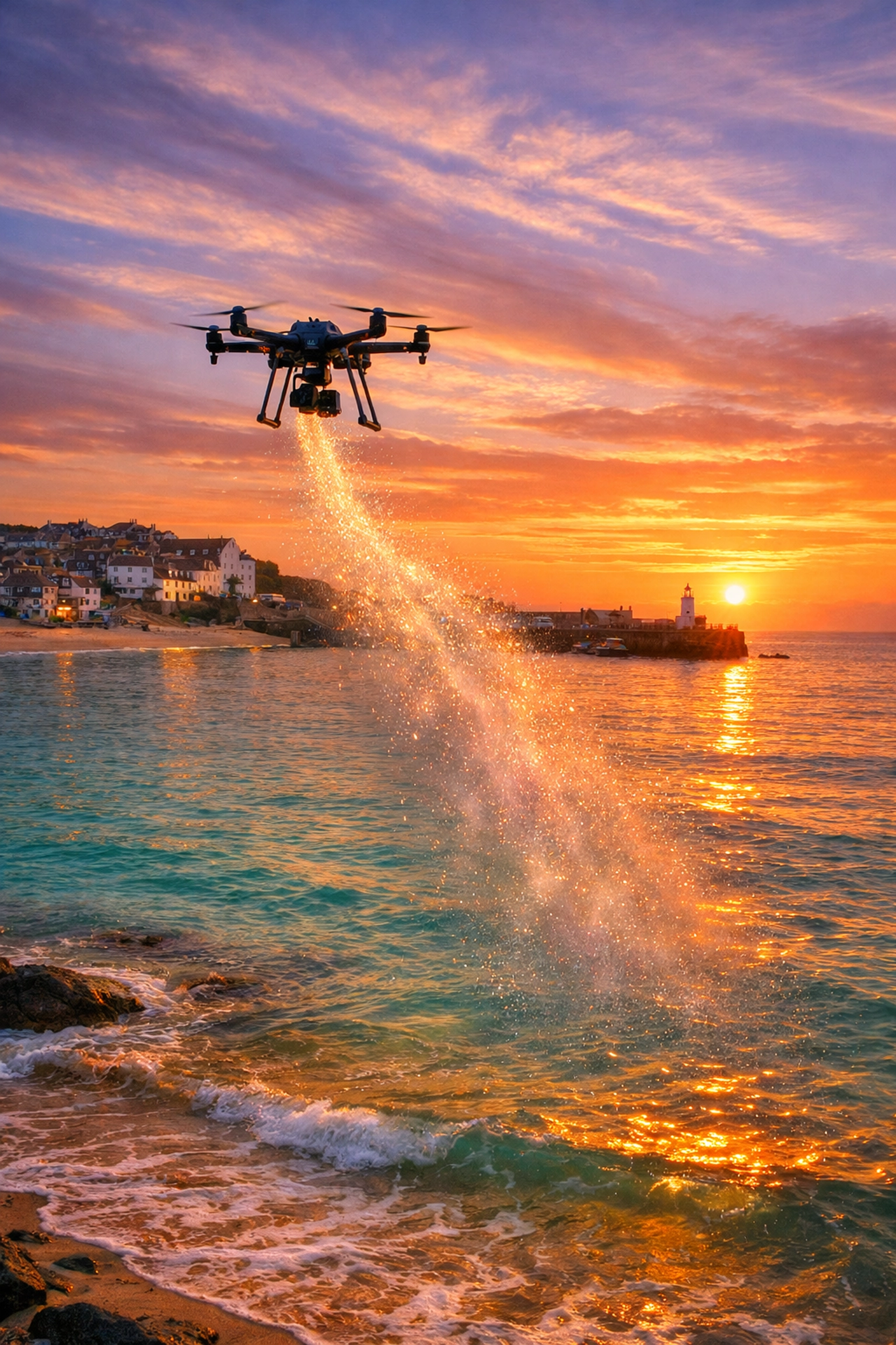 Serene drone ash scattering ceremony over the sea at St Ives beach during a picturesque sunset memorial.