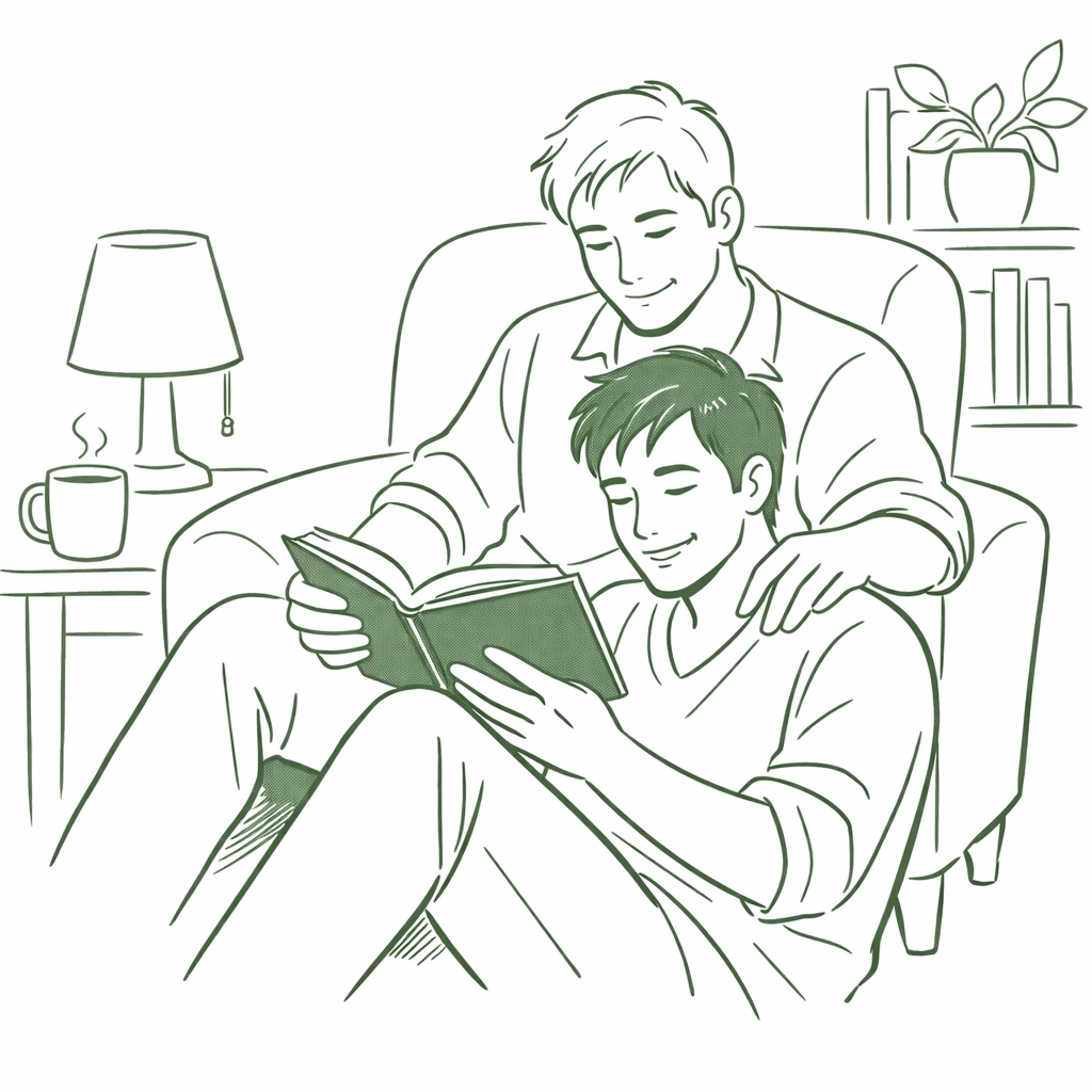 A gay couple sharing a book together, reflecting discovery through MM romance novels and queer fiction.