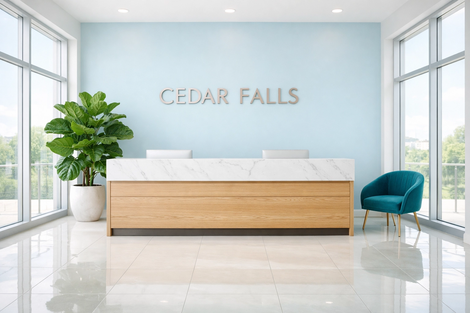 Pristine modern office lobby in Cedar Falls showing the impact of professional commercial cleaning.