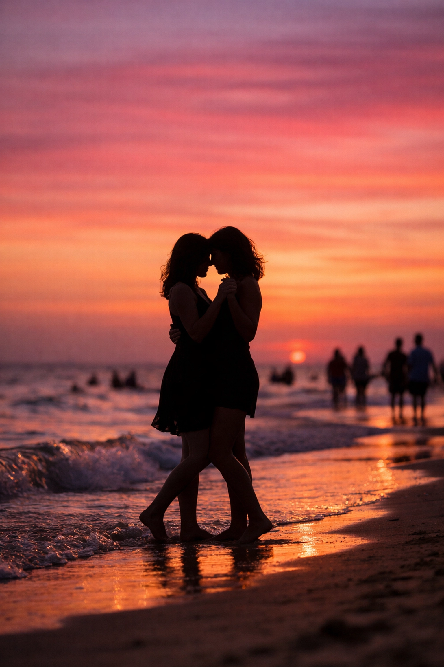 Two women dancing barefoot beach sunset silhouettes romantic moment
