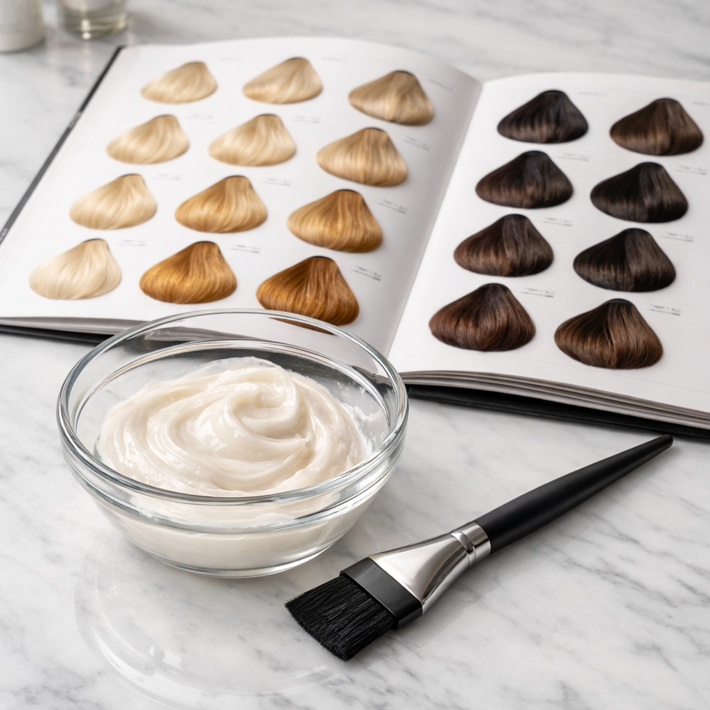 Professional hair color swatch book and tools at The Color Lounge Salon & Spa.