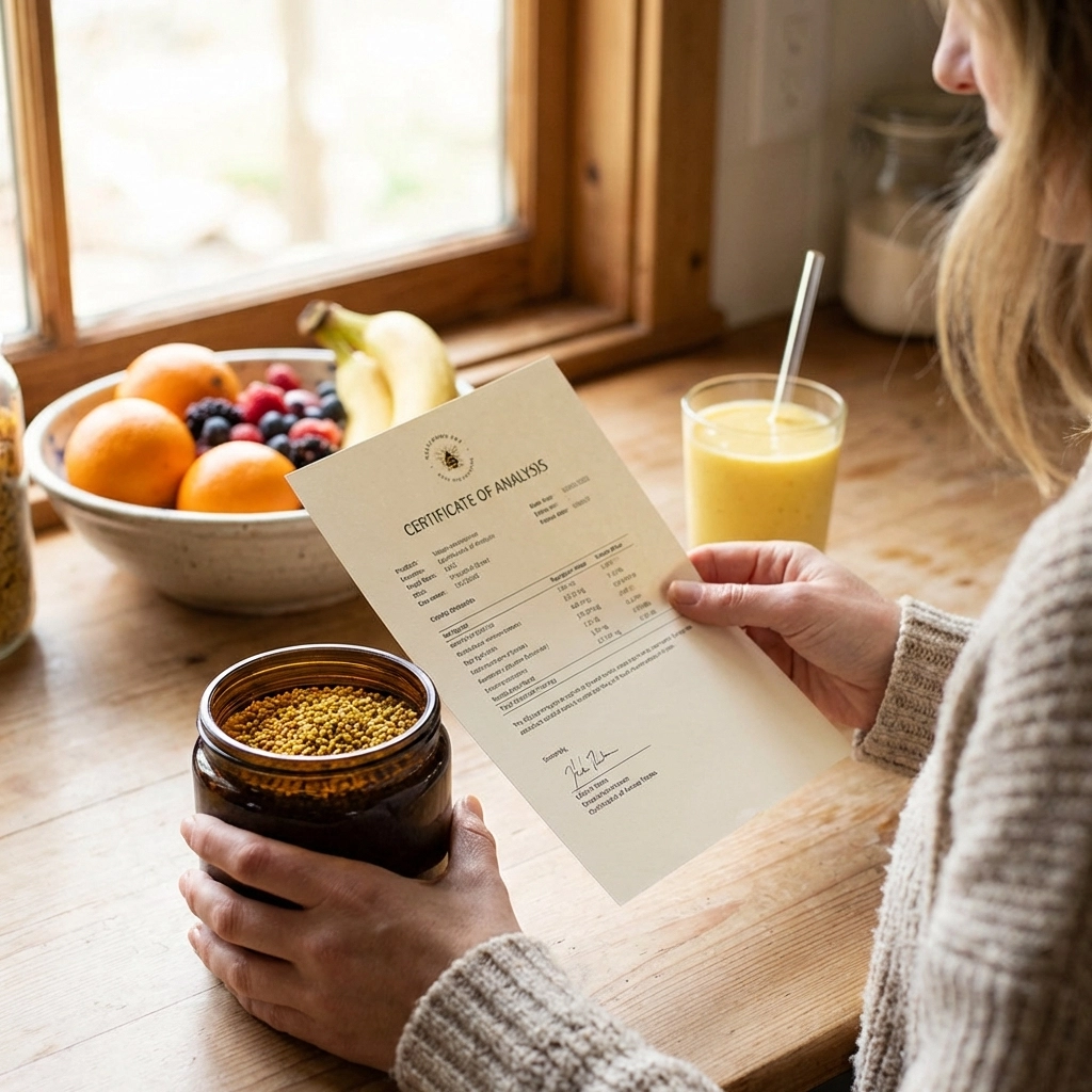 Hands holding a Certificate of Analysis and bee pollen jar