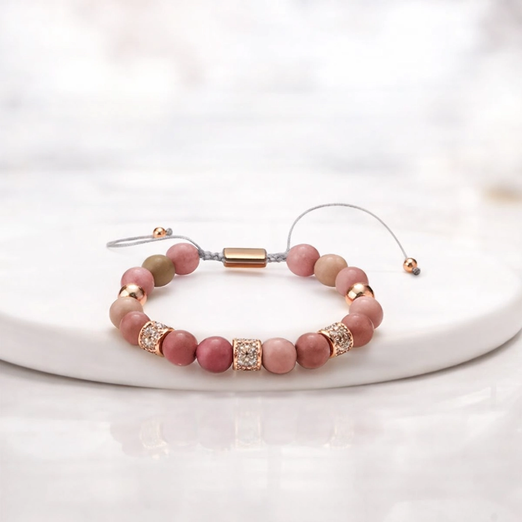 Adjustable bracelet featuring polished pink rhodochrosite beads, showcasing a blend of natural gemology and modern jewelry design.