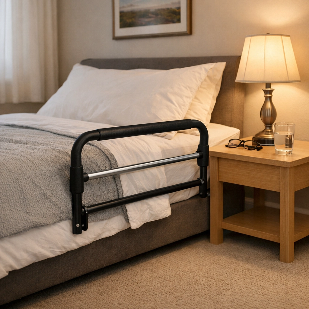 Senior bedroom with a bedside safety rail and essentials within reach to prevent falls during nighttime movement.