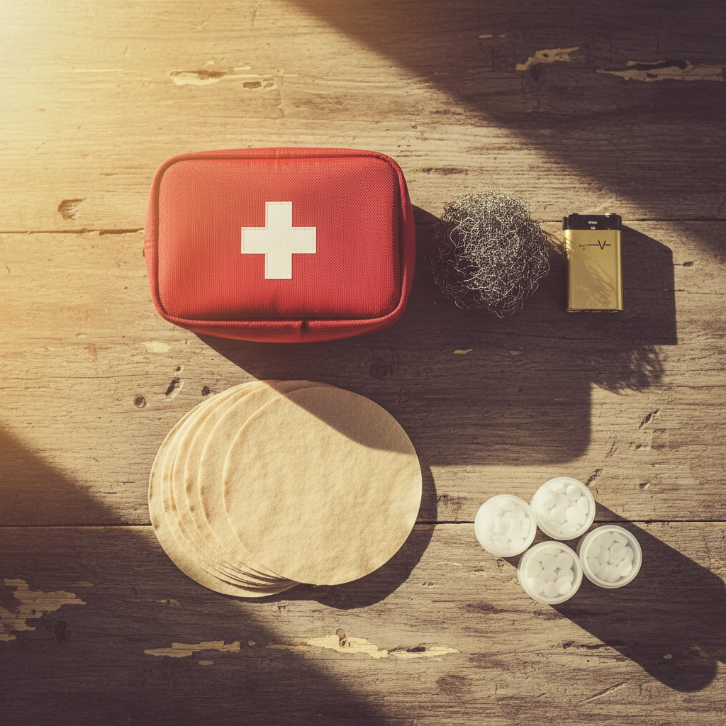 A picture of a first aid kit, some steel wool a battery, some water purification pills and some coffee filters.